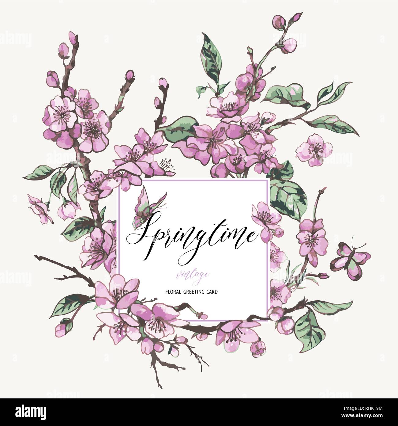 Aquarell Frühling Grußkarte vintage blumiges Bouquet mit Rosa Stock Vektor