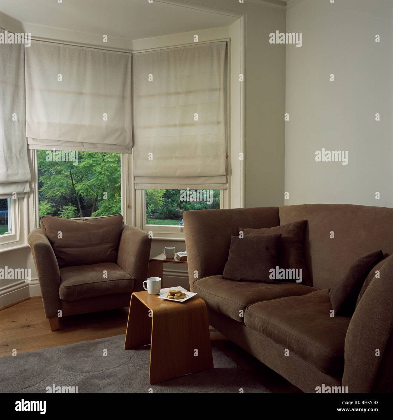 Bettwäsche Jalousien an den Fenstern im Wohnzimmer mit Sofa und Sessel beige Stockfoto