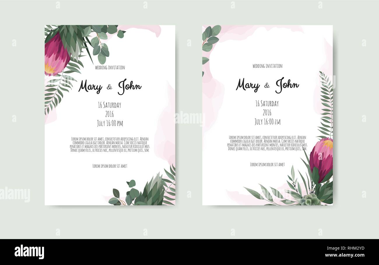 Vektor floral botanische Karte Design mit Blättern mit geometrischen Rahmen. Protea Flower Bouquet. Stock Vektor