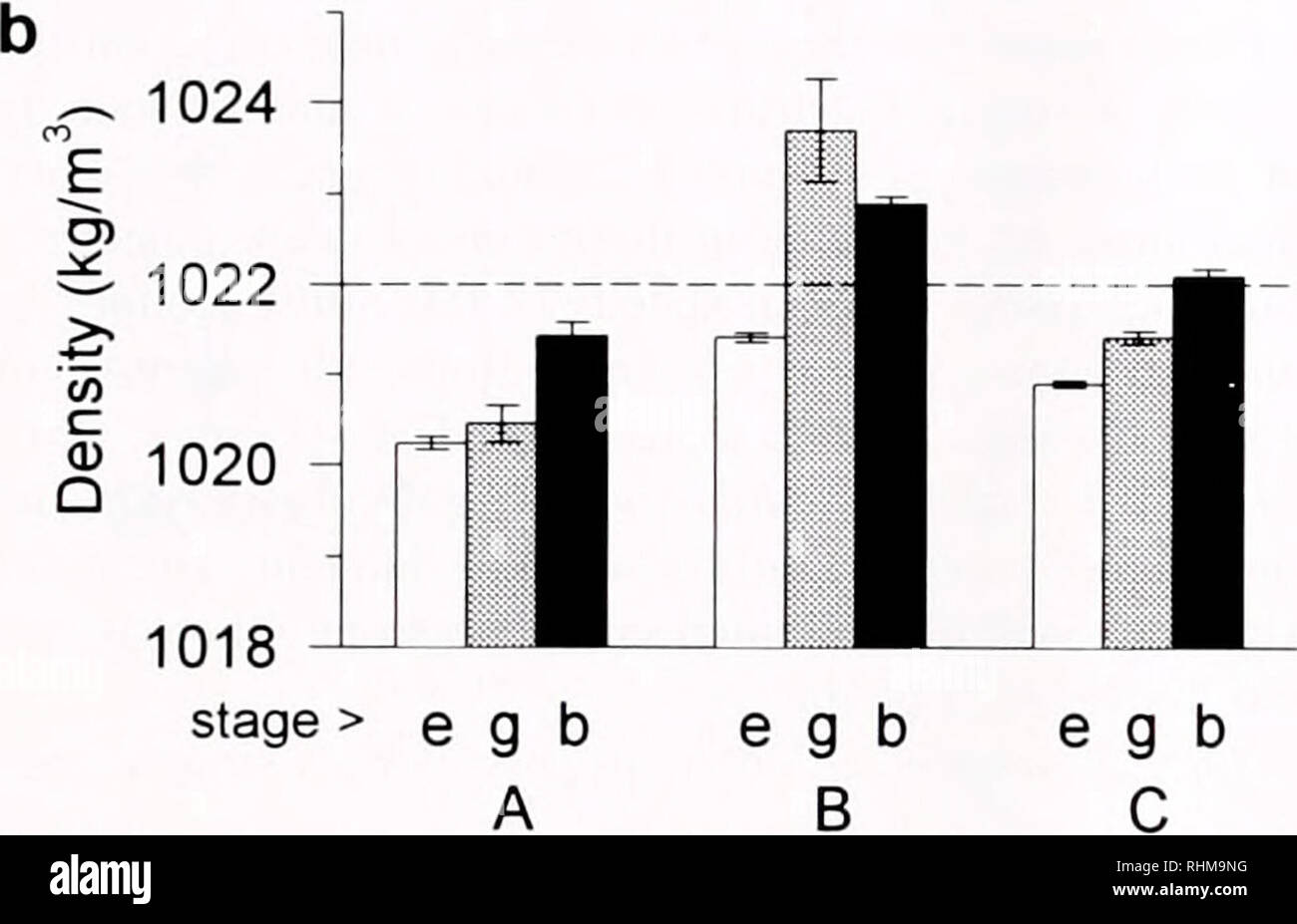 . Die biologische Bulletin. Biologie; Zoologie; Biologie; Meeresbiologie. Kohorte Abbildung 2. Die Dichte der unbefruchteten Eier (a) und Eier und Larven (b) für drei Kohorten von Pteraster tesselatus. (A) zwei Schätzungen der Dichte: offene Bars sind für Eier mit Gelee Mäntel; dunkle Balken sind nur für Eier, vorausgesetzt, dass das Gelee neutral lebhaft zu sein. Der Wert, der auf jeder Balken repräsentiert den Mittelwert für 10 Eier. Fehlerbalken sind 1 S.E. (B) Ontogenetische Veränderungen der Dichte von Eiern und zwei Larvenstadien für drei Kohorten. Die Balken stellen die Mittel für Eier mit Gelee Mäntel (e). geschlüpft gastrulae (g) und bilobed Larven (b). Stockfoto