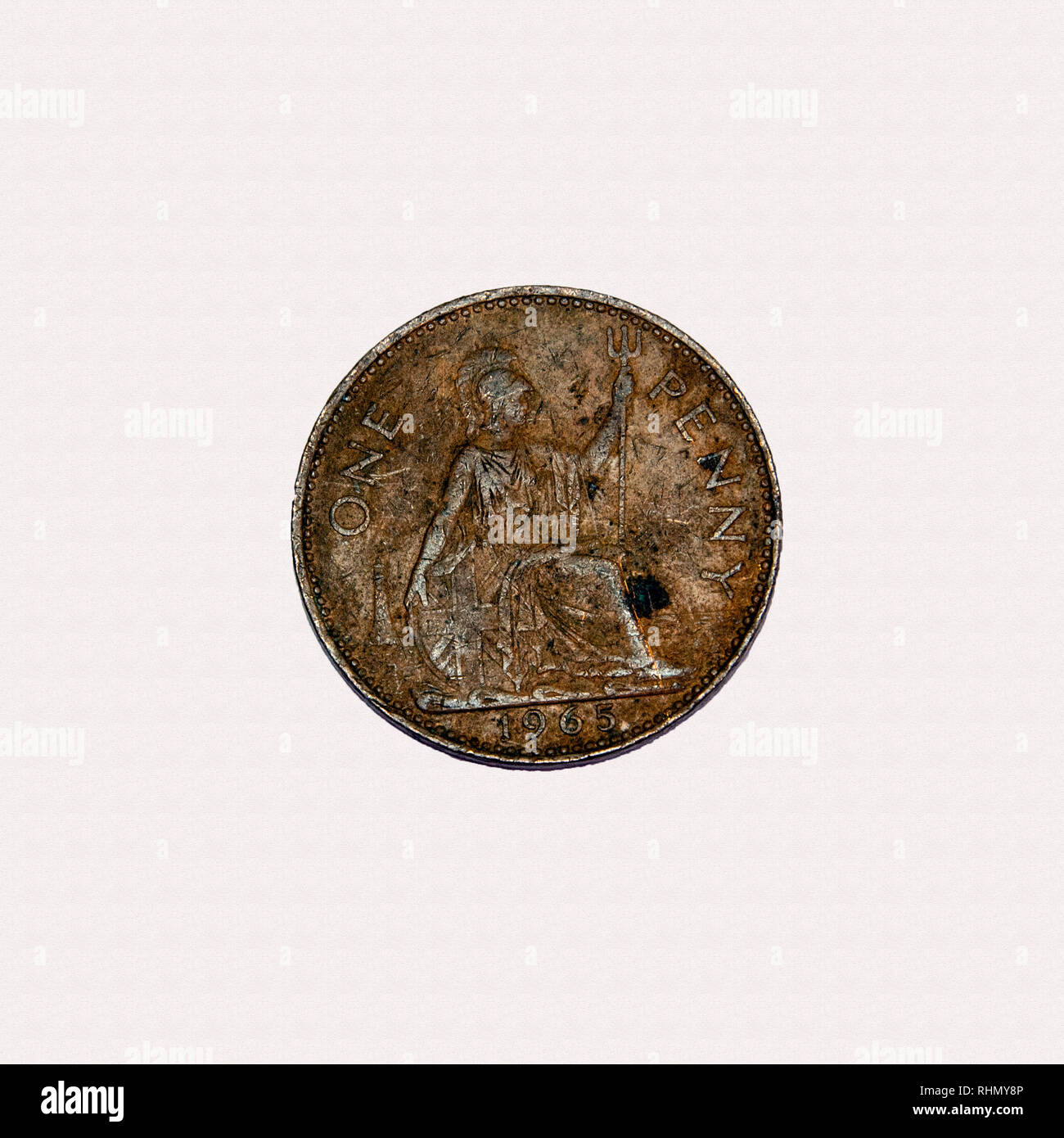 Beispiel für pre dezimal 1965 Britische 1 Cent Münze zeigen Alter und der Gestaltung von Britainnia Stockfoto
