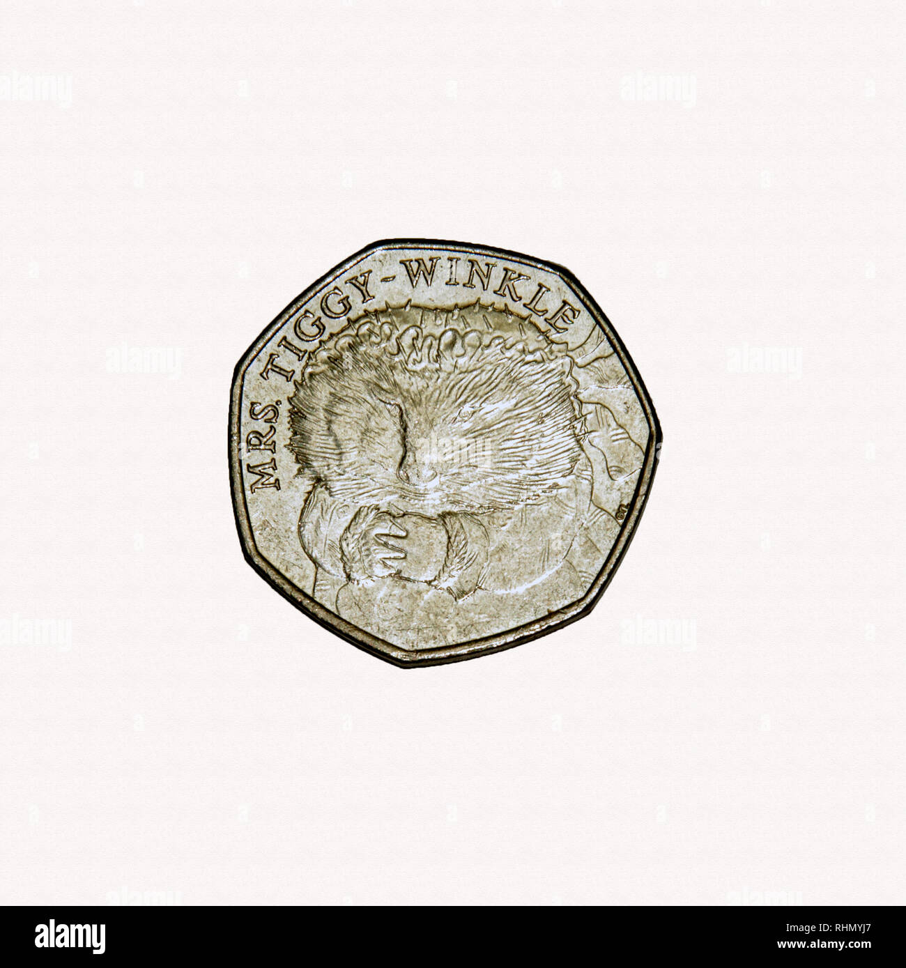 Limited Edition Britische 50p Stück Münze zum Gedenken an Beatrix Potter Charakter Mrs Tiggy-Winkle Stockfoto