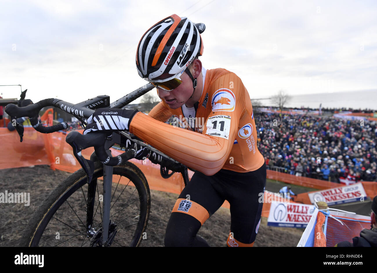 Bogense, Dänemark. 3 Feb, 2019. Mathieu van der Poel der Niederlande in den Mens Elite Rennen während der Uci Cyclo-Cross World Championships 2019 in Bogense, Dänemark konkurrieren. Mathieu van der Poel gewann schließlich die Goldmedaille. Credit: Lars Moeller/ZUMA Draht/Alamy leben Nachrichten Stockfoto