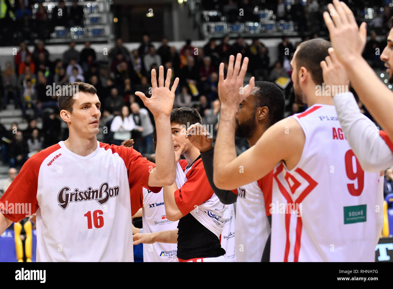 Turin, Italien. 03 Feb, 2019. Benjamin Ortner (GrissinBon Reggio Emilia) während der lega BASKET SERIE A 2018/19 basketball Match zwischen FIAT AUXILIUM TORINO vs GRISSIN BON REGGIO EMILIA bei PalaVela 3 Februar, 2019 in Turin, Italien. Quelle: FABIO UDINE/Alamy leben Nachrichten Stockfoto