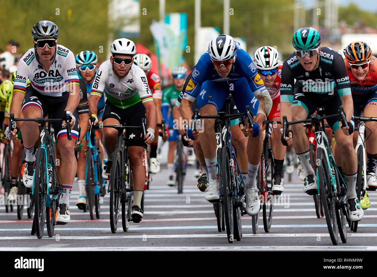 MENDOZA, Argentinien - 03 Februar: Sam Bennett von Bora Mannschaft gewann die letzte Etappe der Touren, während der Phase 7, 141.3 km Circunvalación in der 37 Vuelta a San Juan2019 am Februar 03, 2019 in San Juan, Argentinien. Stockfoto