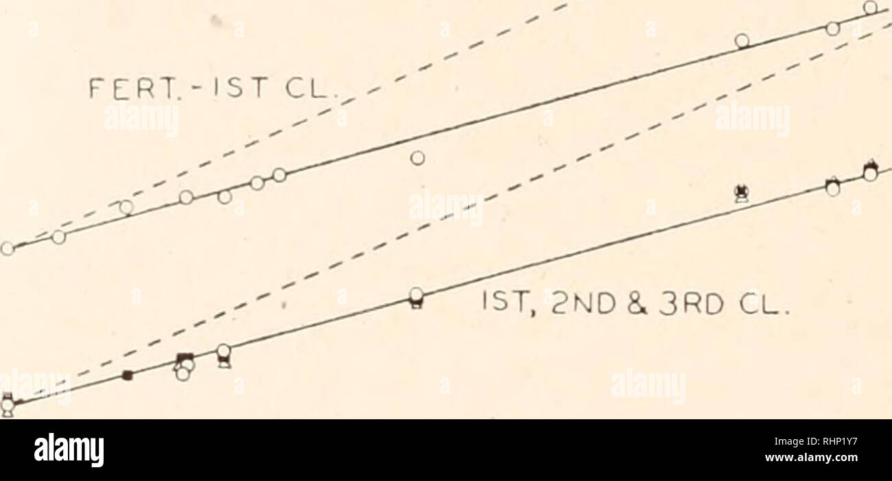 . Die biologische Bulletin. Biologie; Zoologie; Biologie; Meeresbiologie. 4. CL.-ST. 10 PERT.-IST-CL. 1., 2., 8. 3. CL. 23,0 20,2 180 10,0 24,5 21,0 19,0 157 TEMPERATUR 11,2 8,5 Abb. 1. Die Beziehung, bei verschiedenen Temperaturen, der entwicklungspolitischen Intervalle zu Zeit in Rana pipicns. Ordinate, Logarithmus der Zeit in Minuten zwischen den angegebenen Stufen; Abszisse, Temperatur in °C an. Die Daten für die Entwicklung zwischen den Stufen 10 und 20 sind als eine gerade Linie, die durch die willkürliche Verzerrung der Temperatur Achse geplottet. Letzteres ist als Basis für die Daten für andere Intervalle verwendet. Die obere vollständige Kurve Stockfoto