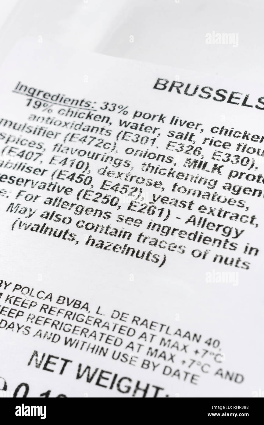 Makro Nahaufnahme Lebensmittelzutat Label von vorgefertigten Brüssel Pastete mit Lebensmittelzusatzstoff E-Nummern. Für die Ernährung von Lebensmitteln, Lebensmittelverpackungen, essen Etikett Stockfoto