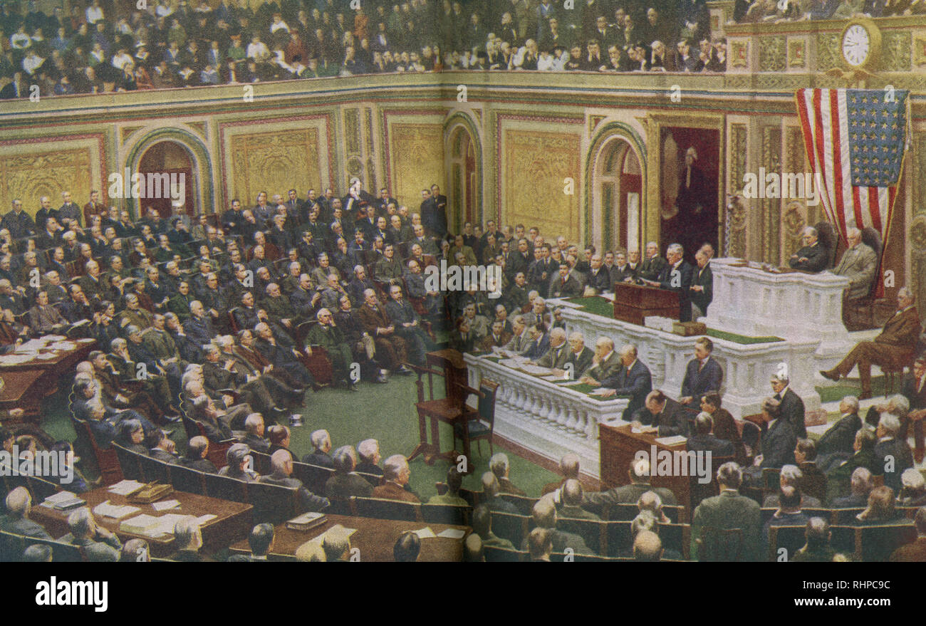 Die Bildunterschrift lautet: Der Präsident der Vereinigten Staaten liefert seinen bedeutsamen Botschaft an den Kongress erklärte, dass ein Krieg zwischen den USA und Deutschland gab. Präsident Woodrow Wilson gebeten, Kongress, Deutschland den Krieg am 2. April 1917 zu erklären. Stockfoto
