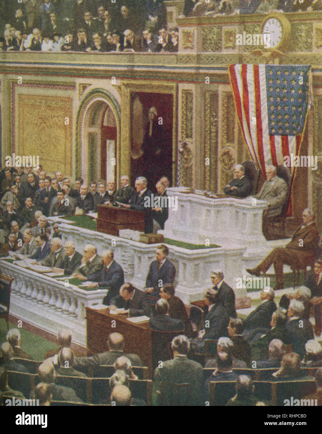 Die Bildunterschrift lautet: Der Präsident der Vereinigten Staaten liefert seinen bedeutsamen Botschaft an den Kongress erklärte, dass ein Krieg zwischen den USA und Deutschland gab. Präsident Woodrow Wilson gebeten, Kongress, Deutschland den Krieg am 2. April 1917 zu erklären. Stockfoto