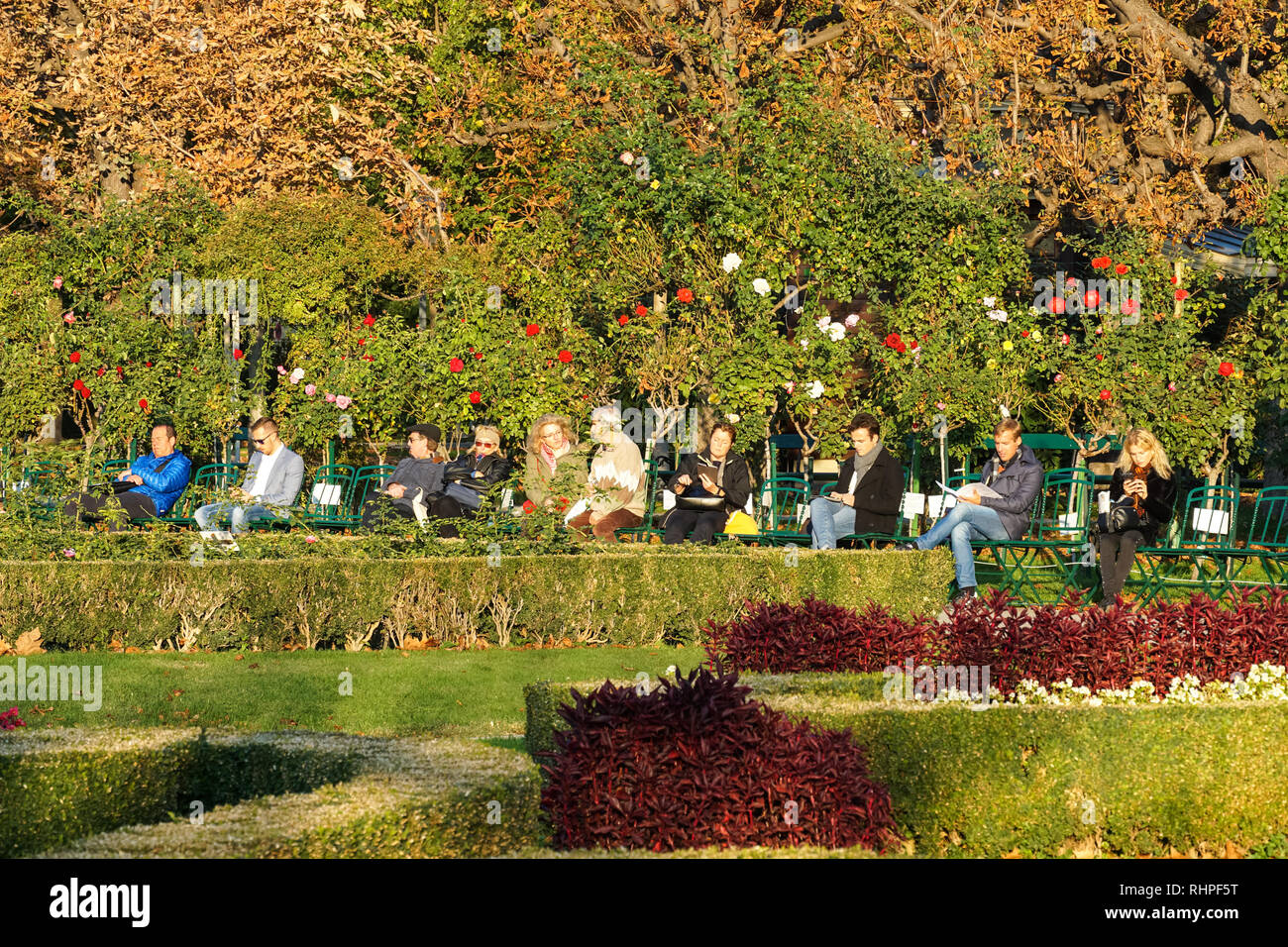 Die Menschen genießen Sie sonnige Herbstwetter im Volksgarten und Garten in Wien, Österreich Stockfoto