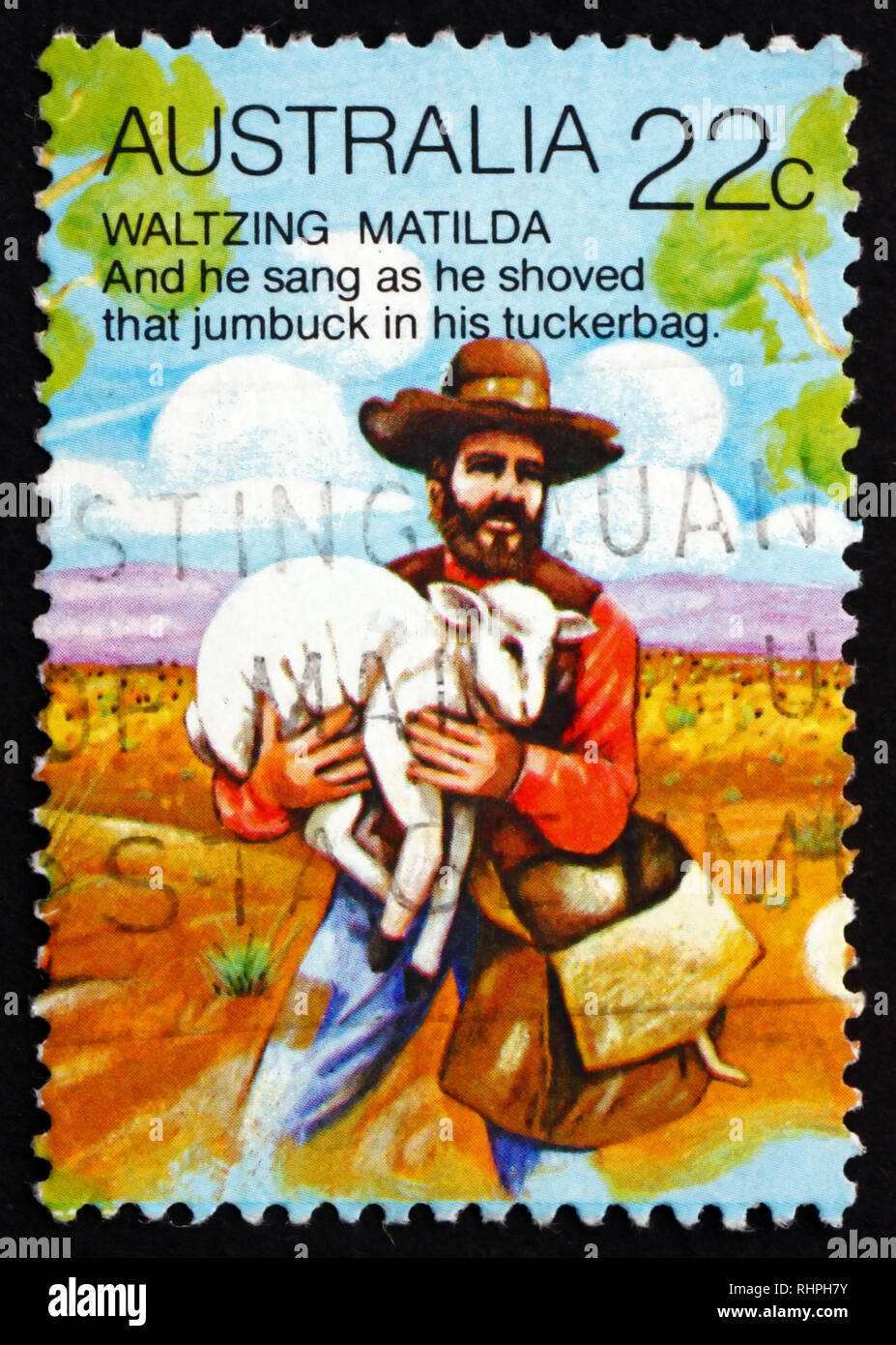 Australien - ca. 1980: einen Stempel in den Australien gedruckten zeigt Stehlen Schafe, Waltzing Matilda, Gedicht von Andrew Barton Paterson, ca. 1980 Stockfoto