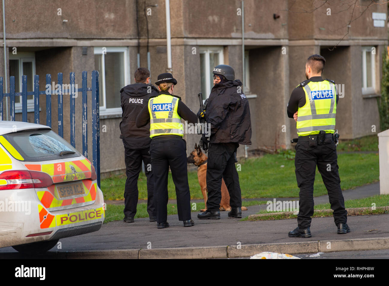 Bewaffnete Polizei und Hund Einheiten außerhalb eines flach auf stenhouse Street West, Edinburgh Stockfoto