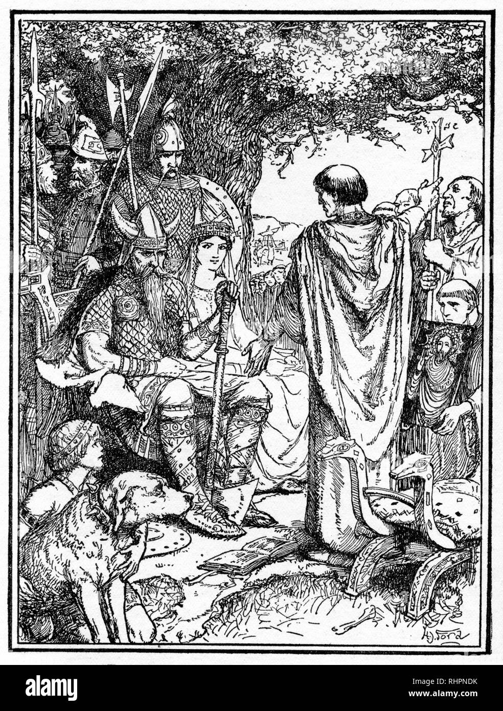 St. Augustine predigt Ethelbert. Von Henry Justice Ford (1860-1941). Augustine von Canterbury (erstes Drittel des 6. Jahrhunderts-604) war ein Benediktinmönch, der im Jahr 597 der erste Erzbischof von Canterbury wurde. Er gilt als „Apostel für die Engländer“ und Gründer der Englischen Kirche. König Æthelberht wurde zum Christentum konvertiert und erlaubte den Missionaren, frei zu predigen, und gab ihnen Land, um ein Kloster zu finden. Stockfoto