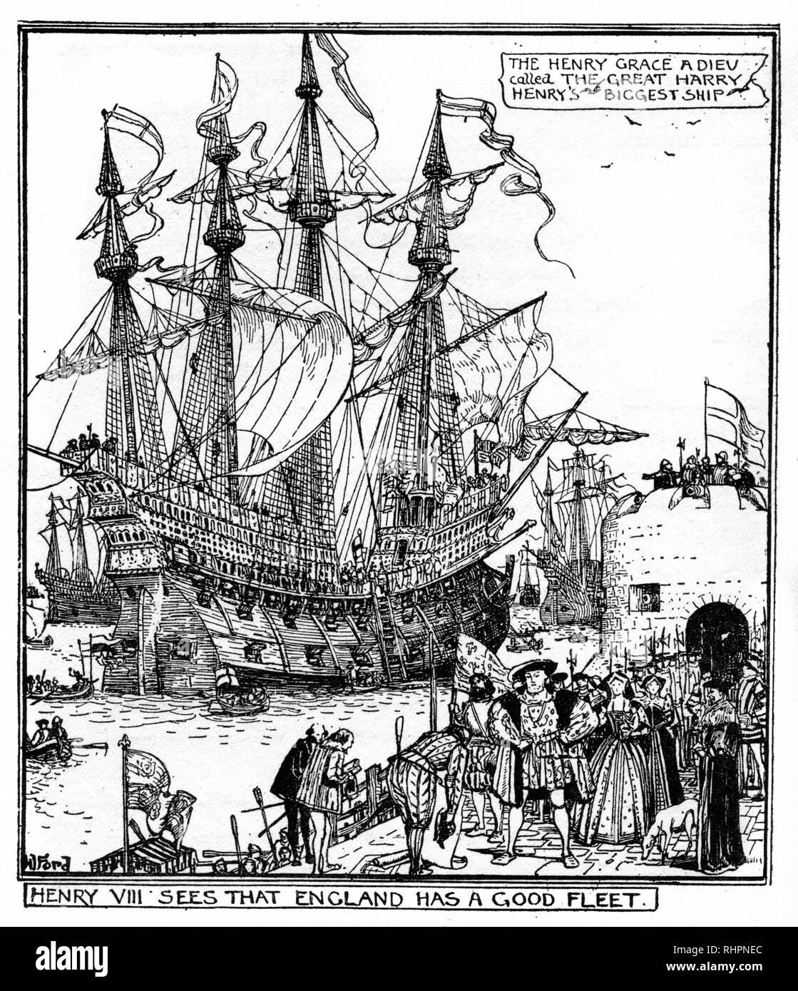 Henry VIII sieht, dass England eine gute Flotte hat. Von Henry Justice Ford (1860-1941). Henry Grace à Dieu (der große Heinrich) war Heinrich VIII's Flaggschiff. Henry Grace à Dieu („Henry, dank Gott“), auch bekannt als großer Heinrich, war eine englische Karre oder ein „großes Schiff“ der Flotte des Königs. Stockfoto