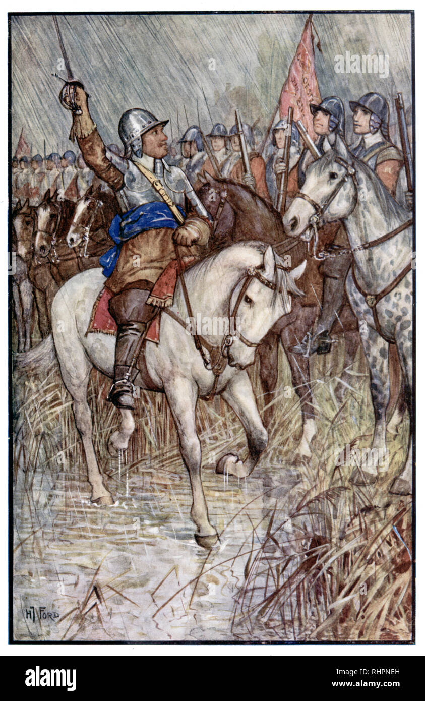 Cromwell und seine Eisenseiten. Von Henry Justice Ford (1860-1941). Die Ironsides waren Soldaten in der parlamentarischen Kavallerie, die vom englischen politischen Führer Oliver Cromwell während des englischen Bürgerkriegs gebildet wurde. Der Name kam von "Old Ironsides", einer von Oliver Cromwells Spitznamen. Stockfoto