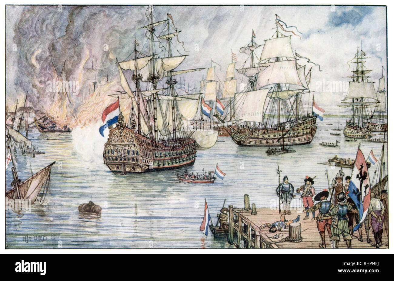 Der Holländer in Medway. Von Henry Justice Ford (1860-1941). Die Razzia auf dem Medway (Schlacht von Medway) während des zweiten angloniederländischen Krieges im Juni 1667 war ein erfolgreicher Angriff der niederländischen Marine, der britischen Royal Navy. Stockfoto