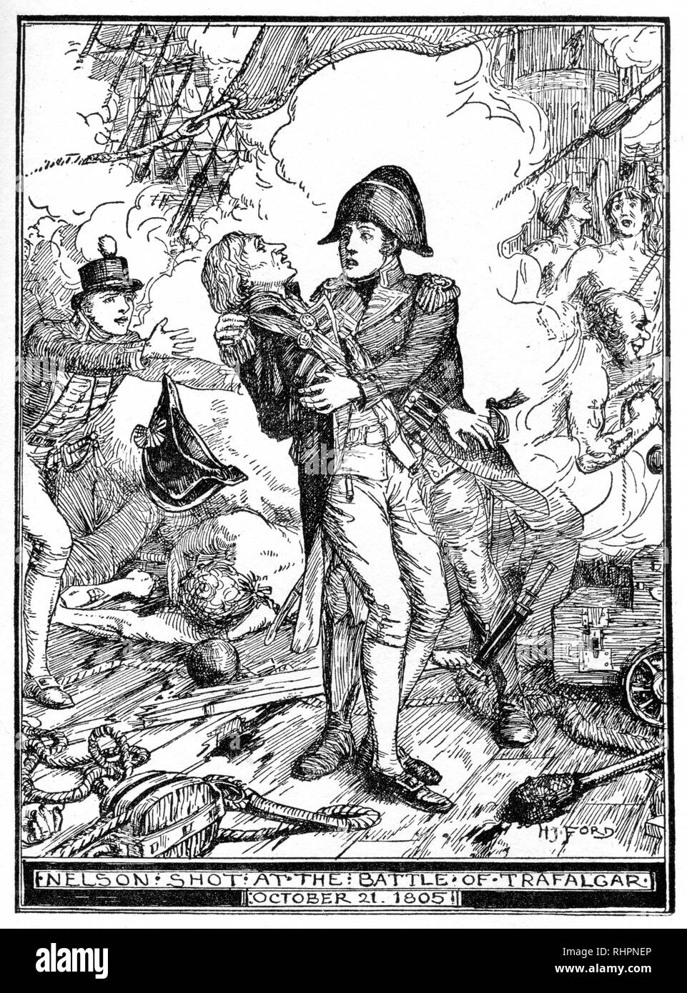 Nelson erschoss die Schlacht von Trafalgar am 21. Oktober 1805. Von Henry Justice Ford (1860-1941). Die Schlacht von Trafalgar (21. Oktober 1805) war ein Marineeinsatz, der von der britischen Königlichen Marine während des Krieges der Dritten Koalition der Napoleonischen Kriege gegen die Flotten der französischen und spanischen Marine gekämpft wurde. Die königliche Marine, angeführt von Admiral Lord Nelson an Bord der HMS Victory, besiegte die französische und spanische Koalition unter der Führung des französischen Admirals Villeneuve. Während der Schlacht wurde Nelson von einem französischen Musketier erschossen und starb kurz bevor die Schlacht zu Ende war. Stockfoto