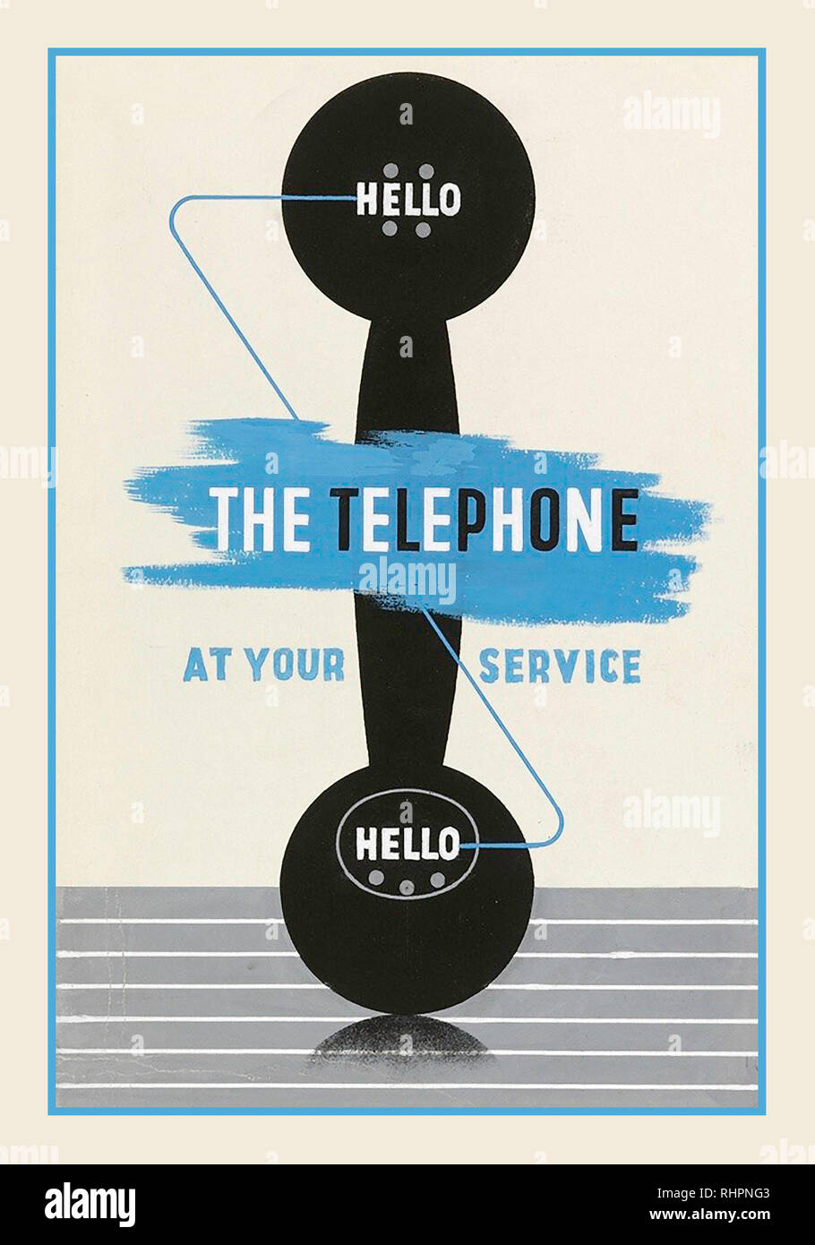 Vintage British Telephone Advertising Poster von Edward McKnight Kauffer, „Hello – The Telephone at your Service“ 1937. Zeichnen von Plakat-Werbung. Für British General Post Office. Stockfoto