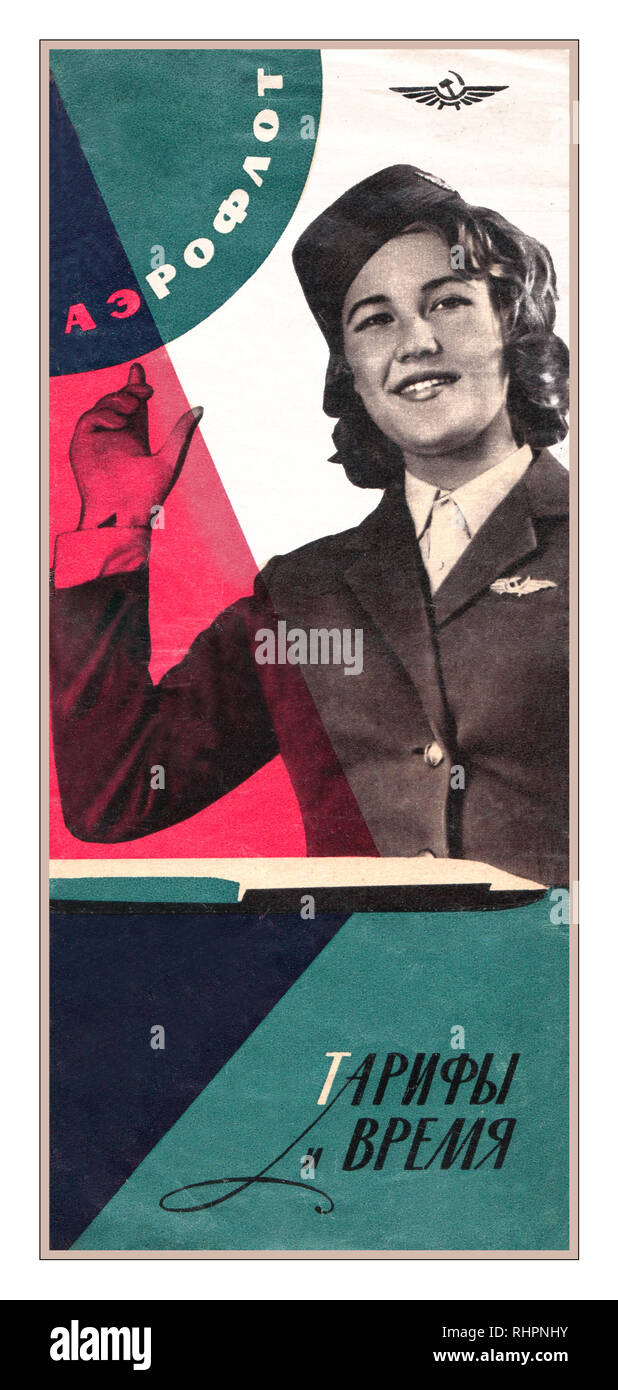 1960 der Sowjetischen AEROFLOT Fluggesellschaften Vintage Travel Broschüre mit Air Hostess in Uniform Sowjetunion staatliche Fluggesellschaft Fahrplan und Preisliste Stockfoto