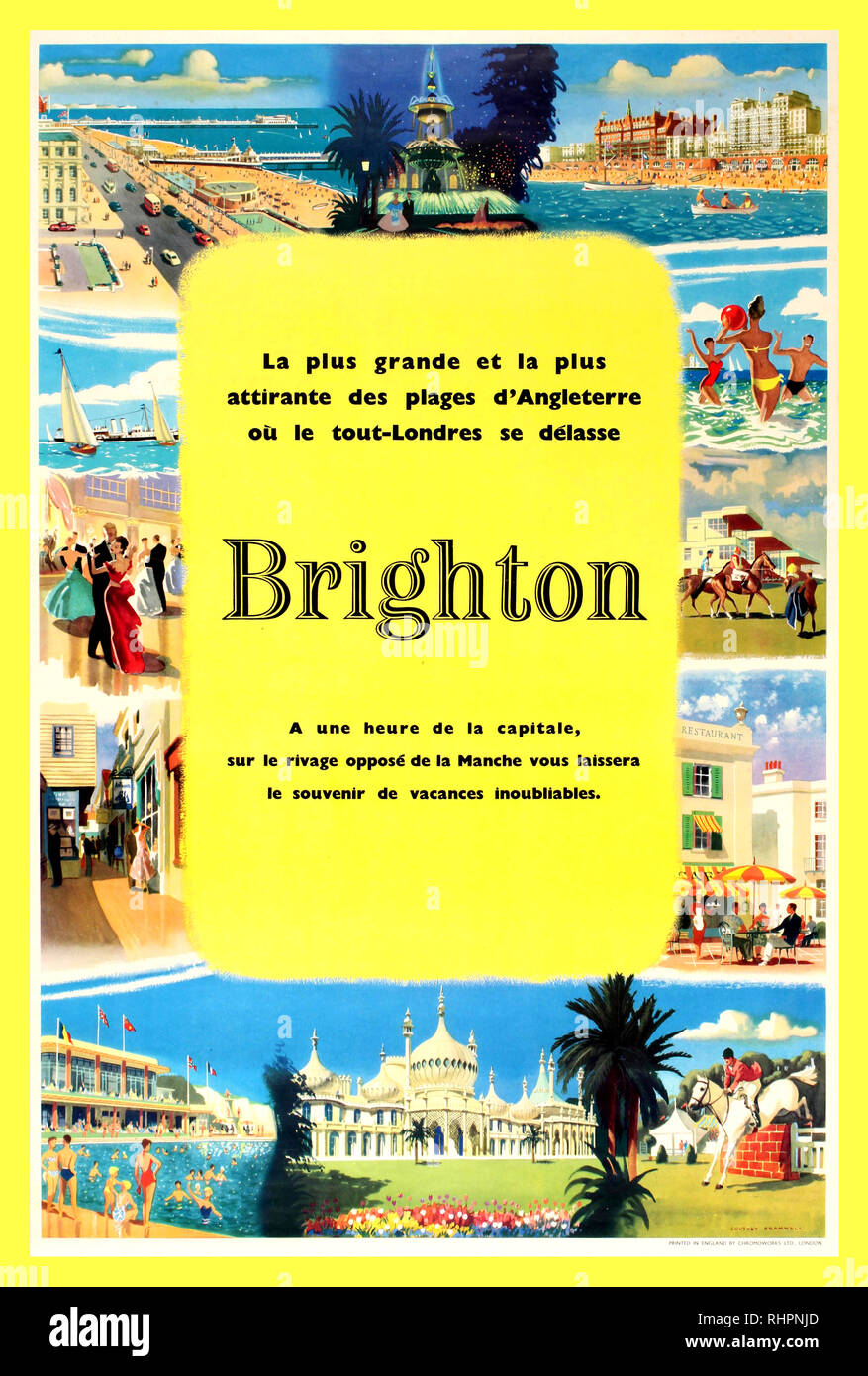 Jahrgang 1950 Brighton's Travel Plakat in französischer Sprache die Englische Südküste Stadt Brighton in Frankreich", wo jeder von London geht der größte und beste Strand von England" zu genießen. Farbenfrohes Design mit verschiedenen Attraktionen und Aktivitäten für die Französischen Touristen, Brighton, einschließlich Menschen spielen Beach Ball im Meer vorhanden, ein Blick auf den Strand und das Meer Gebäude entlang der Promenade, Palmen und Blumen, Pferde, Tanzen, Segeln und Rudern, Schwimmen im Freibad... Stockfoto
