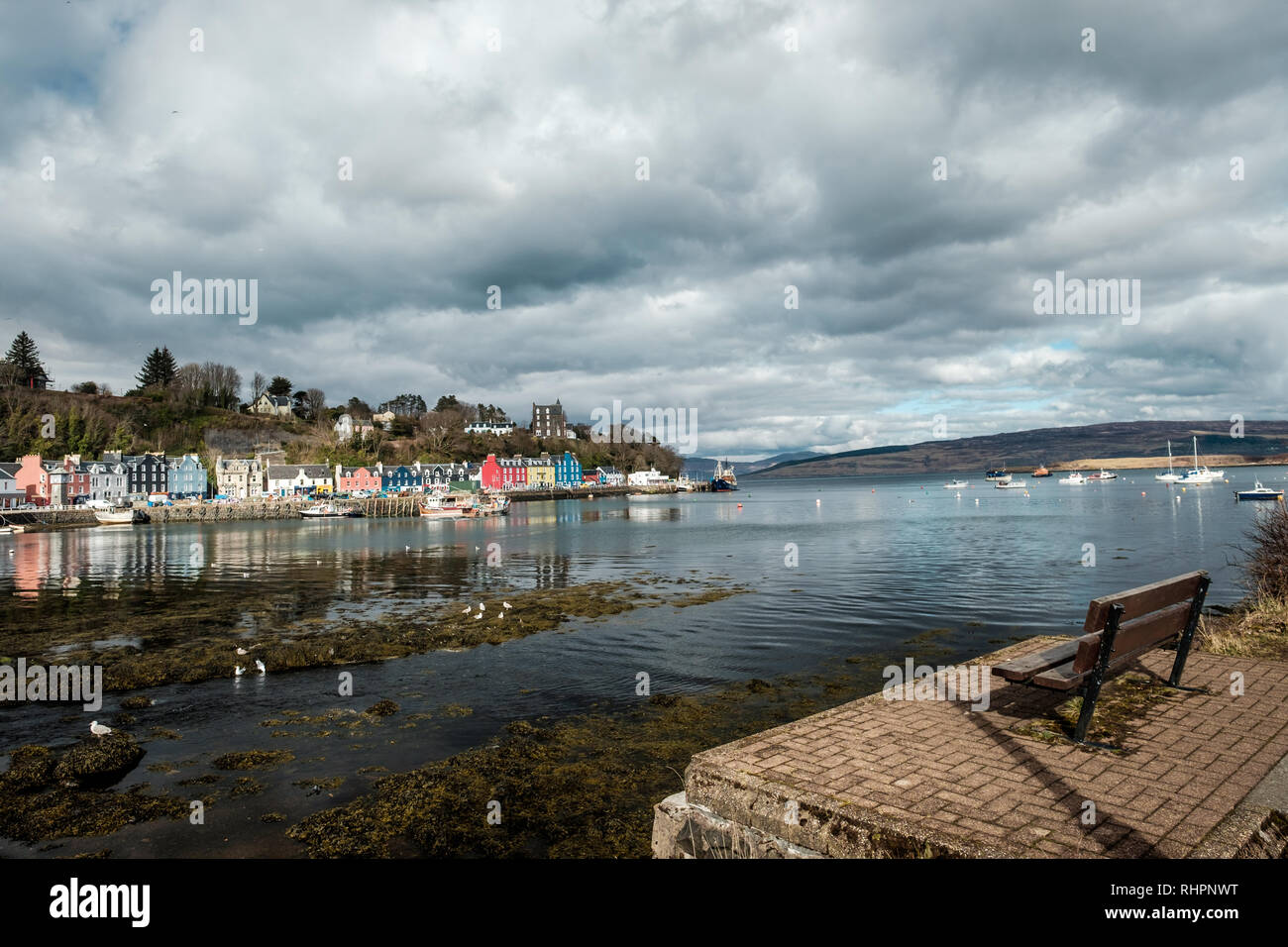 Sitzbank mit Blick auf die schottische Stadt von Tobermory Stockfoto