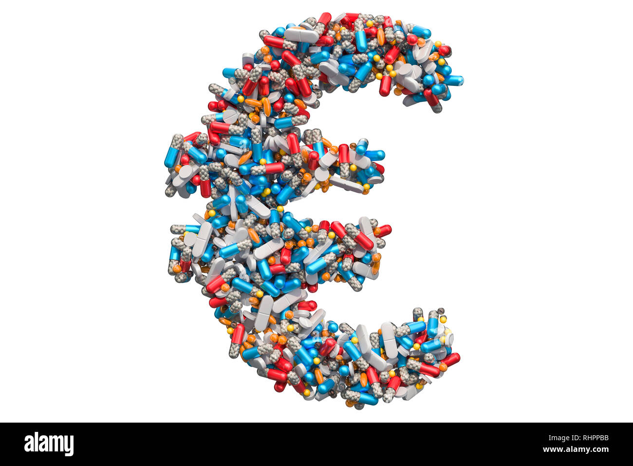 Euro Symbol aus der Medizin Pillen, Kapseln, Tabletten. 3D-Rendering auf weißem Hintergrund Stockfoto