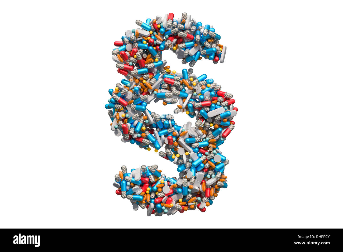 Absatz, Abschnitt Symbol aus der Medizin Pillen, Kapseln, Tabletten. 3D-Rendering auf weißem Hintergrund Stockfoto