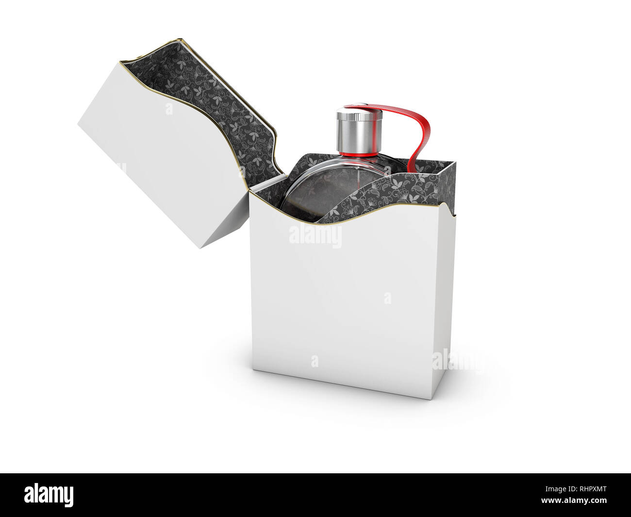 Parfümflasche in Schwarz und Weiß auf weißem Hintergrund. Konzept der neuen Duft Förderung. 3D-Rendering Stockfoto