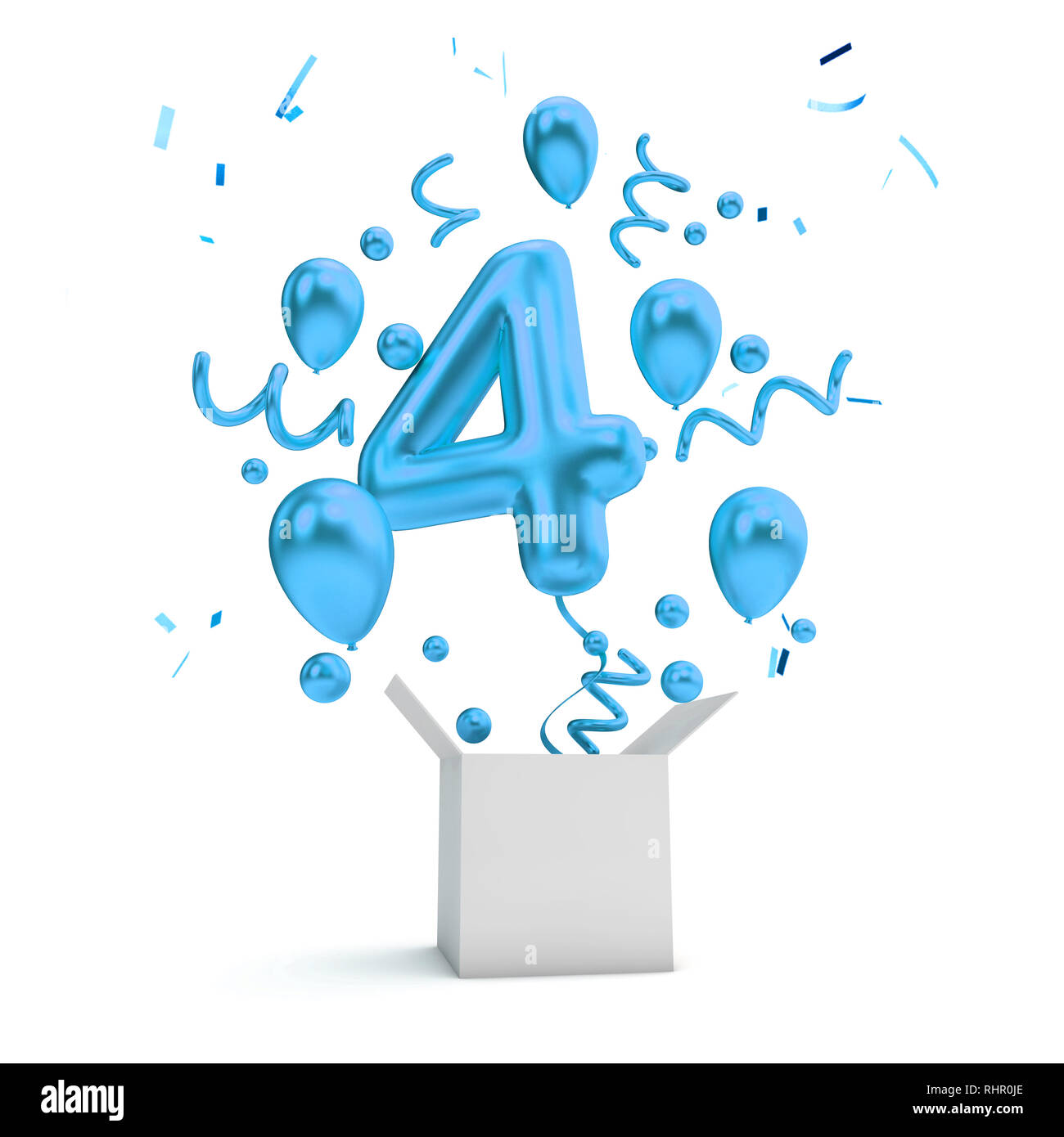 Happy 4th birthday blau Überraschung Ballon und Box. 3D-Rendering Stockfoto