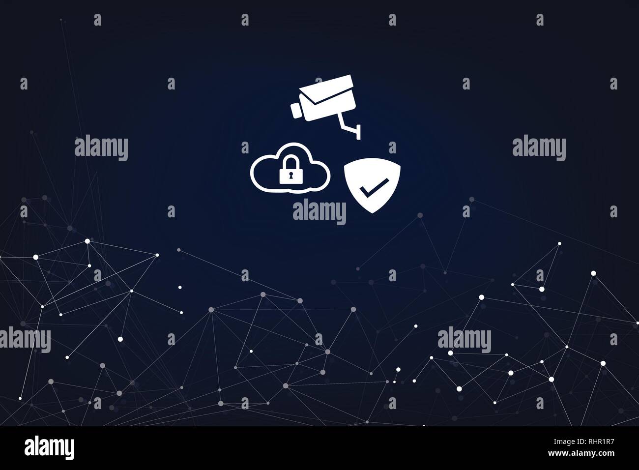 Abstrakte Digitale Netzwerk Konzept Sicherheit System mit Kamera, Cloud und Schild mit Abstrakten dunklen Hintergrund Stock Vektor