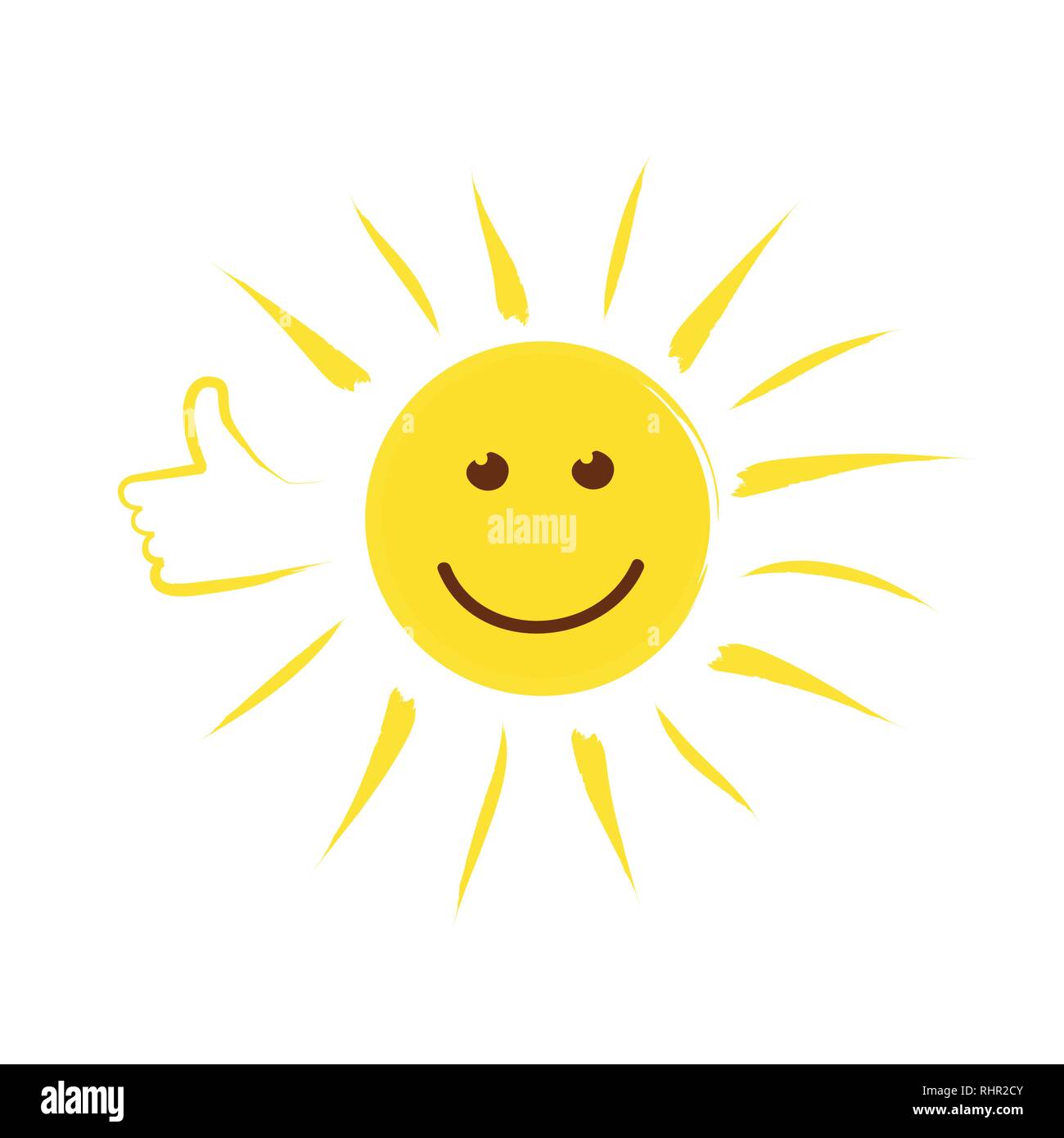 Sommer Sonne Gesicht mit Daumen hoch und glückliches Lächeln Vector Illustration Stock Vektor