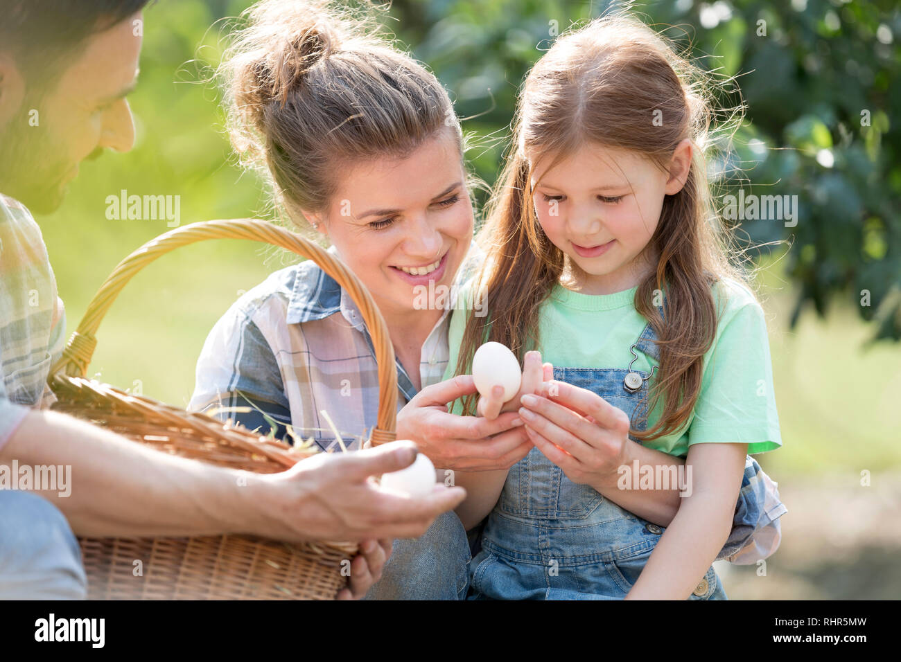 Eltern zeigen frische Eier zu der Tochter auf dem Bauernhof Stockfoto