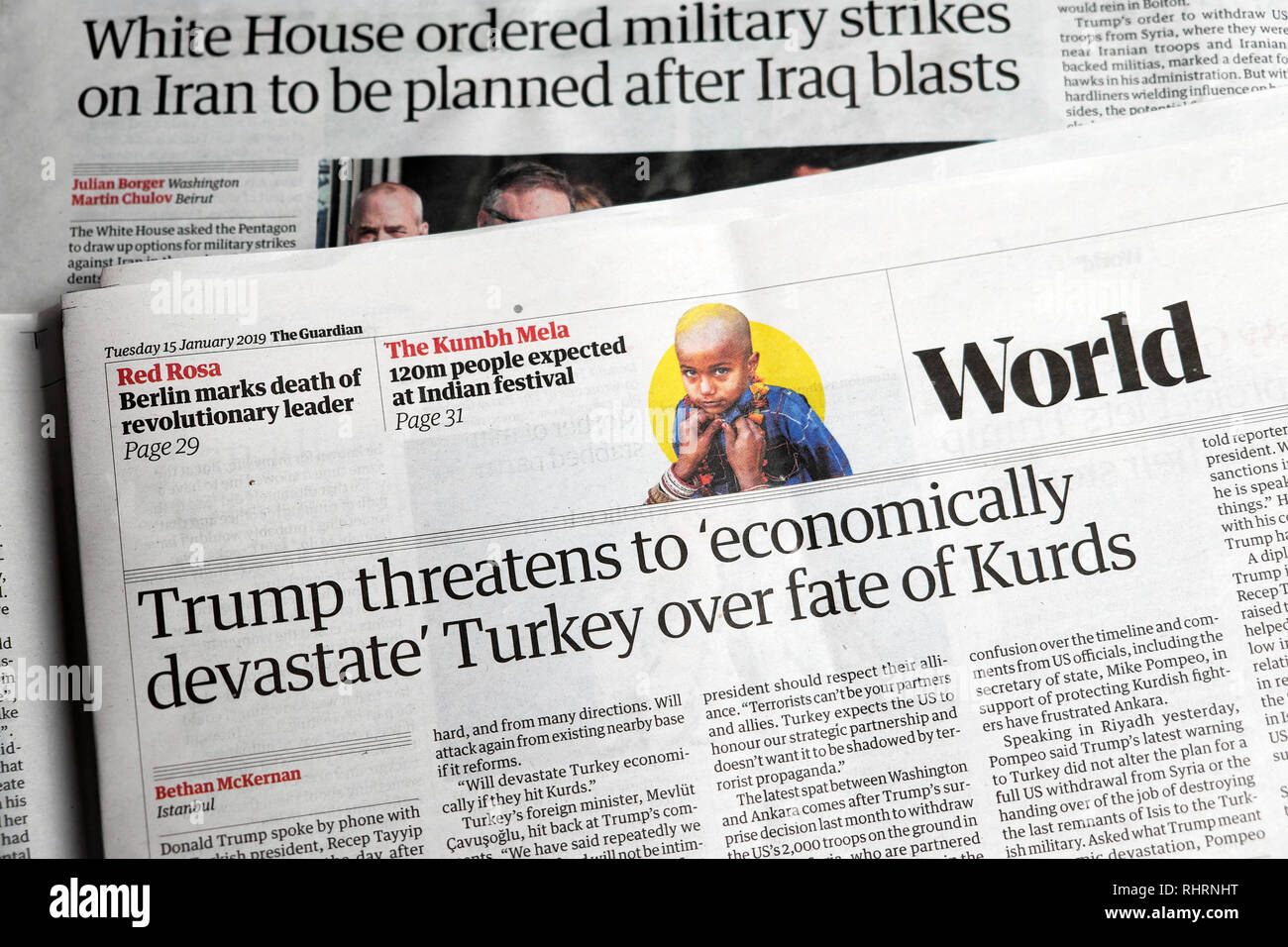 "Trump droht 'wirtschaftlich' Türkei über Schicksal der Zeitung Guardian Artikel Kurden in London England UK zu verwüsten Stockfoto