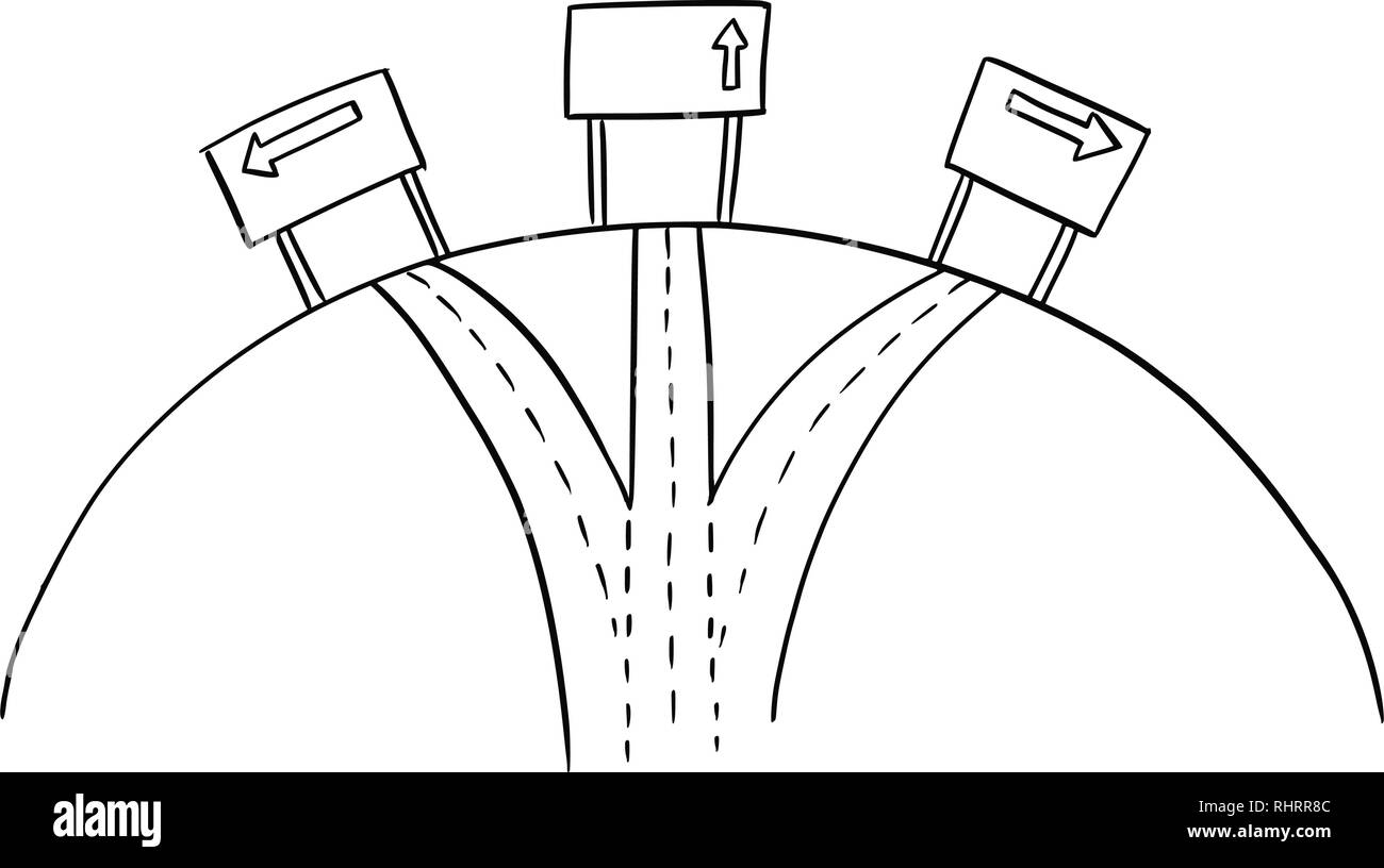 Zeichnung der Drei Wege Kreuzung und bidirektionalen Highway Pfeil Zeichen Stock Vektor