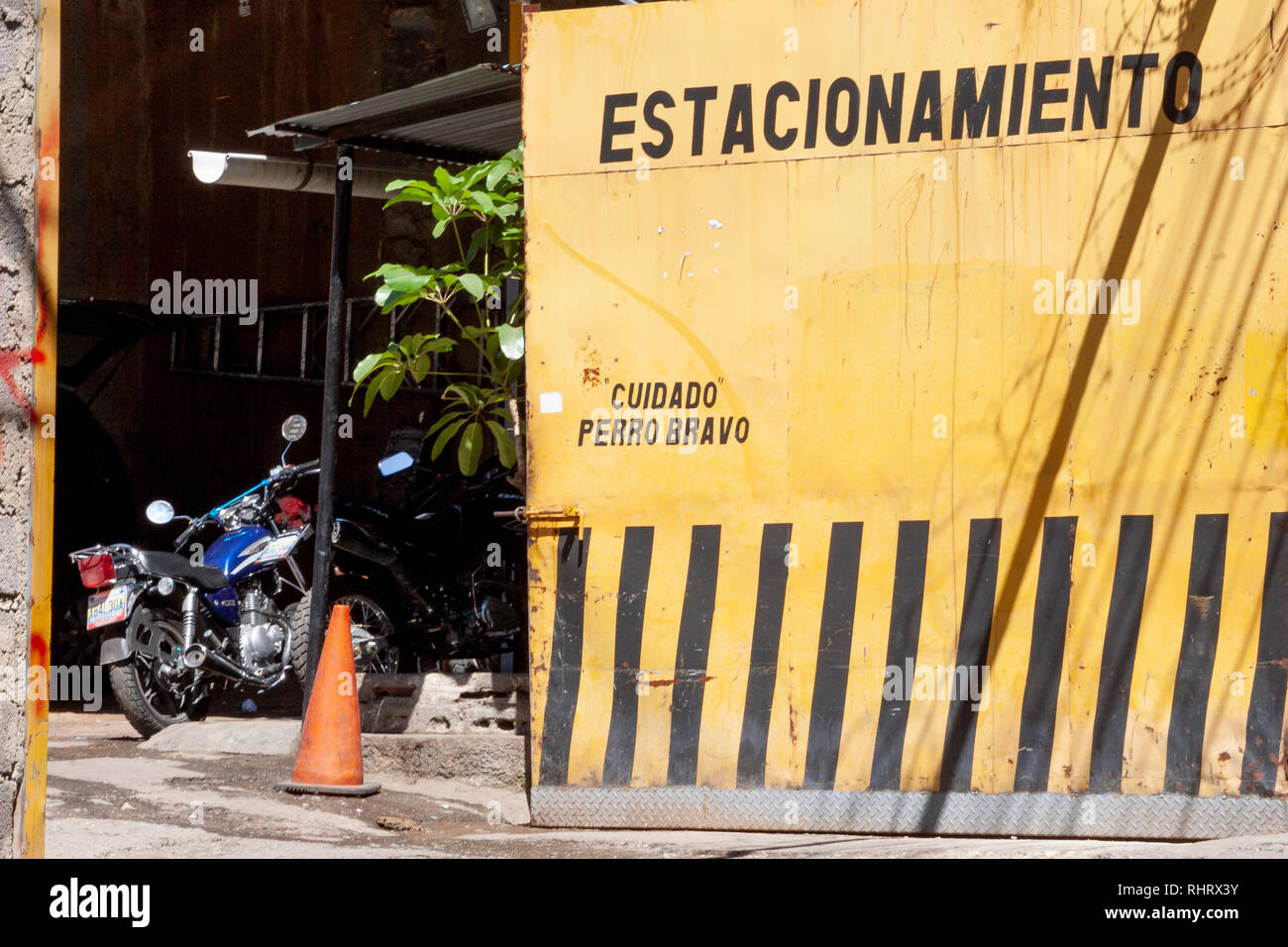 Venezuela Caracas 21/01/2012. Parkplatz Tor mit einem tapferen Hund Warnung in La Pastora Nachbarschaft. Stockfoto