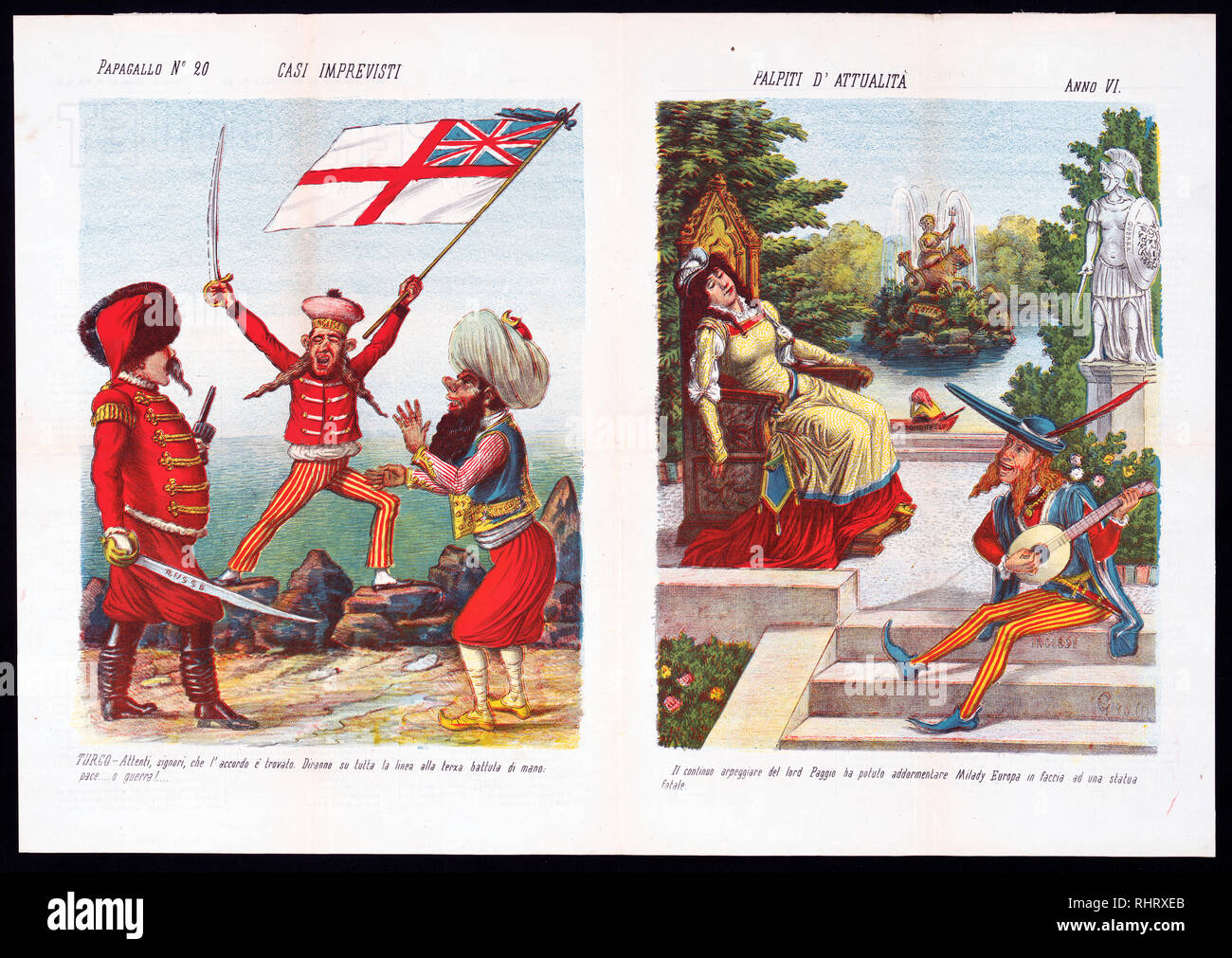 Italienischen politischen Karikatur zeigt zwei Szenen, links, zwei Männer sind einander zugewandt, als wenn Sie im Begriff sind, sich zu duellieren, ein Mann mit der Aufschrift "Russo" hält ein Schwert und eine Pistole, und ein Mann mit der Beschriftung 'Turco' scheint bereit zu sein, seine Hände zu klatschen; die russischen Mann ist eigentlich ein Mann mit der Beschriftung 'German', die zwischen ihnen im Hintergrund steht, ein Schwert und eine Flagge. Stockfoto