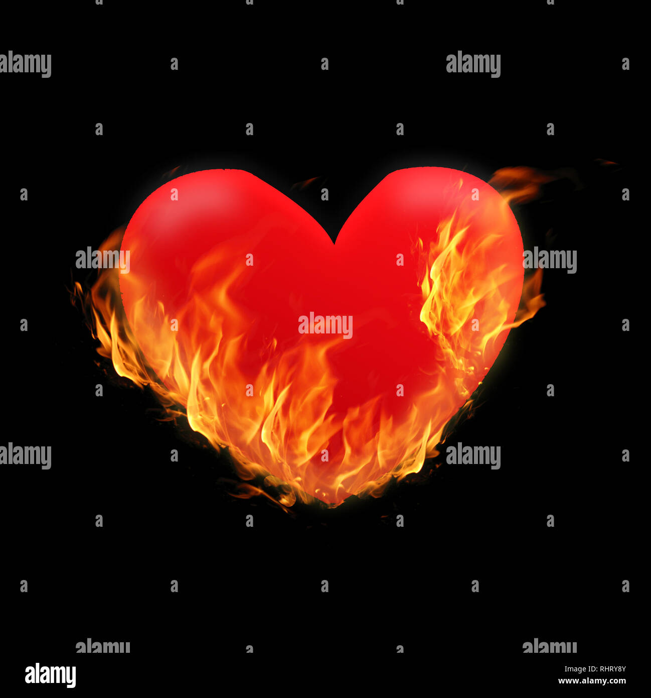 Burning Heart - Abbildung auf schwarzen Hintergrund mit lodernden Flammen. Konzept für Design zum Valentines Tag, oder kardiologische Erkrankungen, Herzinfarkt, Stockfoto