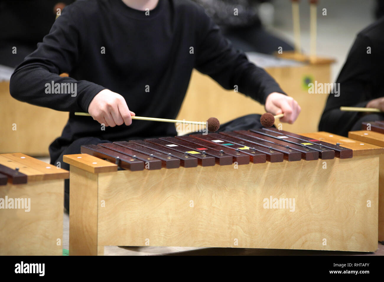 Diatonisches Xylophon von Studenten in der Schule erfahren Sie mehr über die Musik und die Kunst. Stockfoto