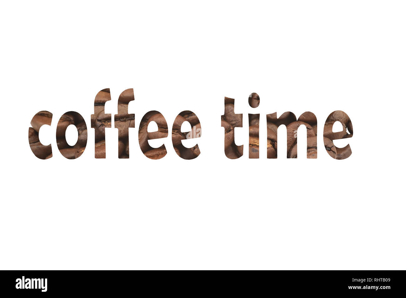 Nahaufnahme der Kaffeebohnen mit aus den Worten Kaffee Zeit geschnitten Stockfoto