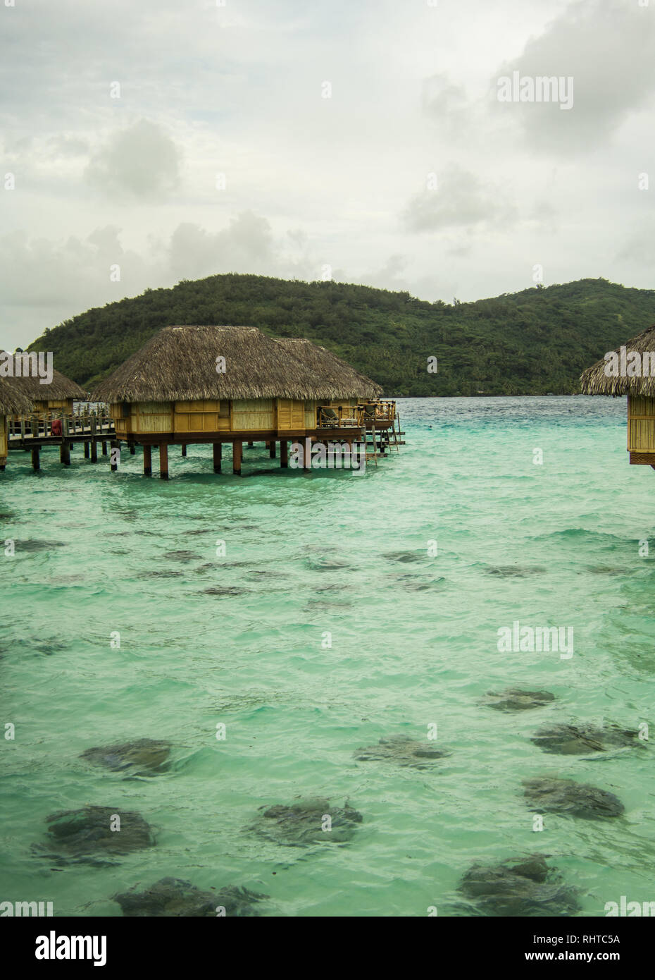 Blick auf die Bungalows über dem Wasser im Pearl Beach Resort in Bora Bora Stockfoto