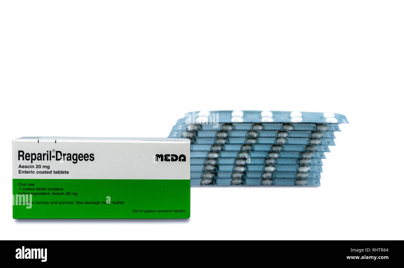 CHONBURI, Thailand - August 3, 2018: Reparil-Dragees. Aescin 20 mg magensaftresistente Filmtabletten Produkt von Meda Pharma (Thailand). Von Madaus Gmb hergestellt Stockfoto