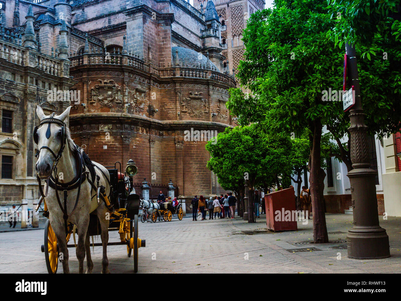 Pferdekutsche in Sevilla, der Giralda Kathedrale und Touristen im Hintergrund Stockfoto