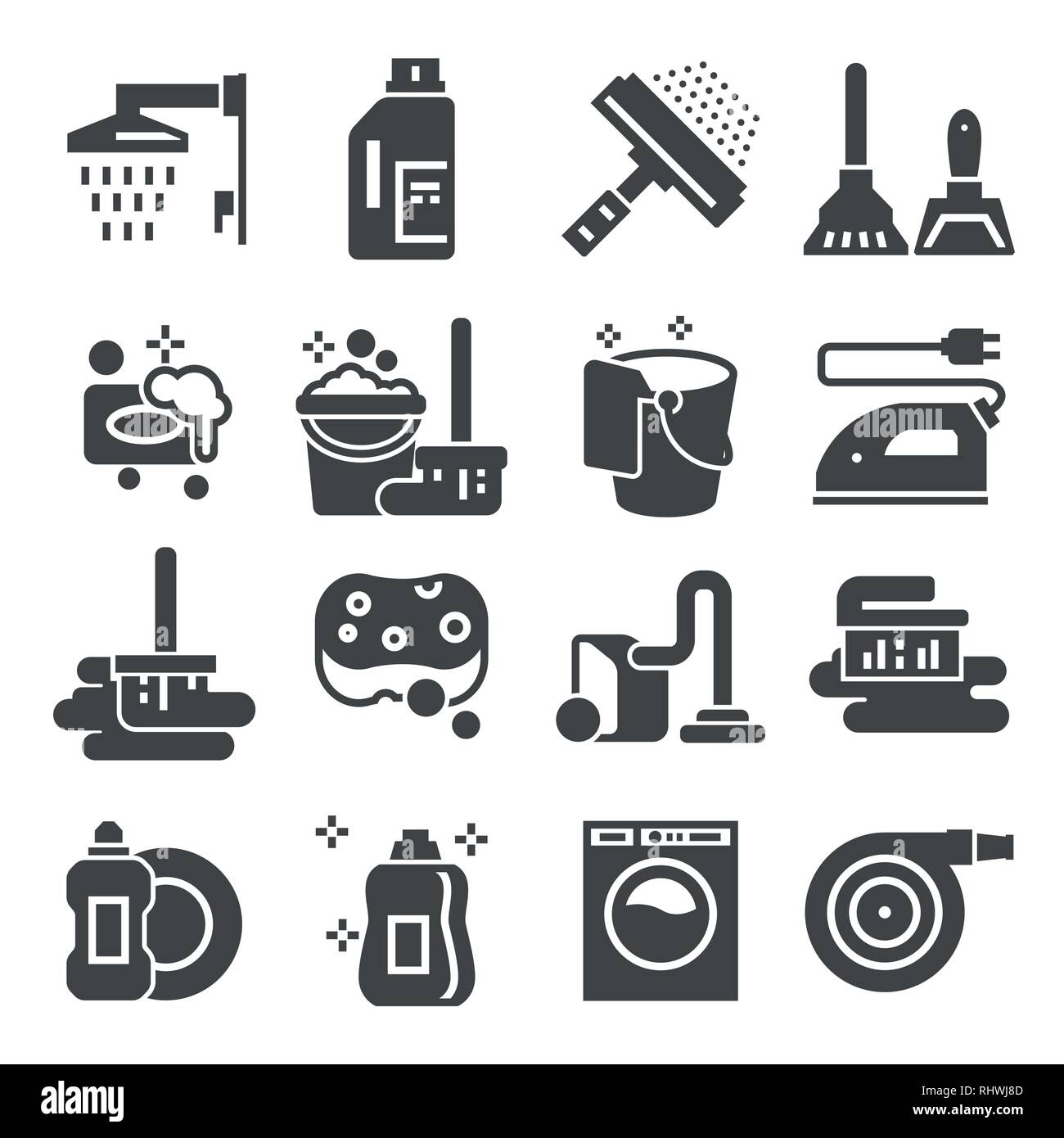 Reinigung graue Symbole gesetzt. Wäscheservice, Schwamm und Staubsauger. Waschmaschine. Vektorgrafiken Stock Vektor