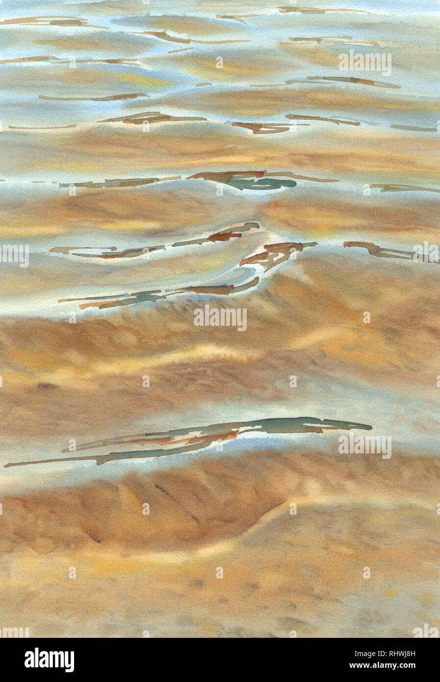 Sonnige Meer mit transparenten Wellen Aquarell Hintergrund Stockfoto
