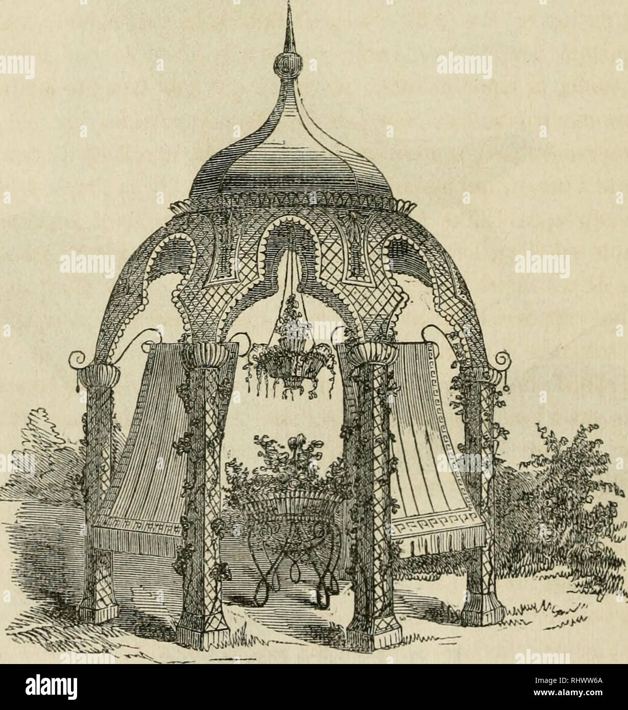 . Belgique horticole. Pflanzen. Â 240 â Il nous est arrivÃ© depuis peu de Temps d'AmÃ©rique des modÃ¨les Dekor li-Cieux d'un Nouveau systÃ¨me de Stühle, Sofas, Fauteuils, fumeuses, causeuses, bancs, etc., qui, sans Aucun doute, Sera, bientÃ't Générale- imitÃ ©. L'idÃ©e de ces siÃ¨ges devait venir À ceux qui avaient vu Les hamacs suspendus des Indiens; ils konsistente en un tissu Ã mailles mÃ©talliques, Suspendu-au dos et attachÃ© au Devant le siÃ¨ge Comme Il est reprÃ©sentÃ©planche 49. Ce-tissu est souple et flexible, Il se plie aux Si-nuositÃ©s du Corps de Celui qui s'y Ruhe. La pl Stockfoto