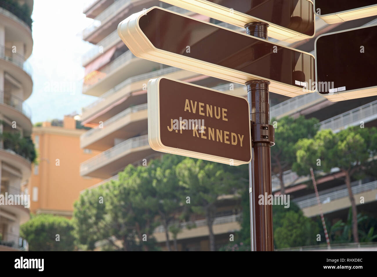 Zeichen für Avenue J. F. Kennedy, Fürstentum Monaco, Französische Riviera Stockfoto