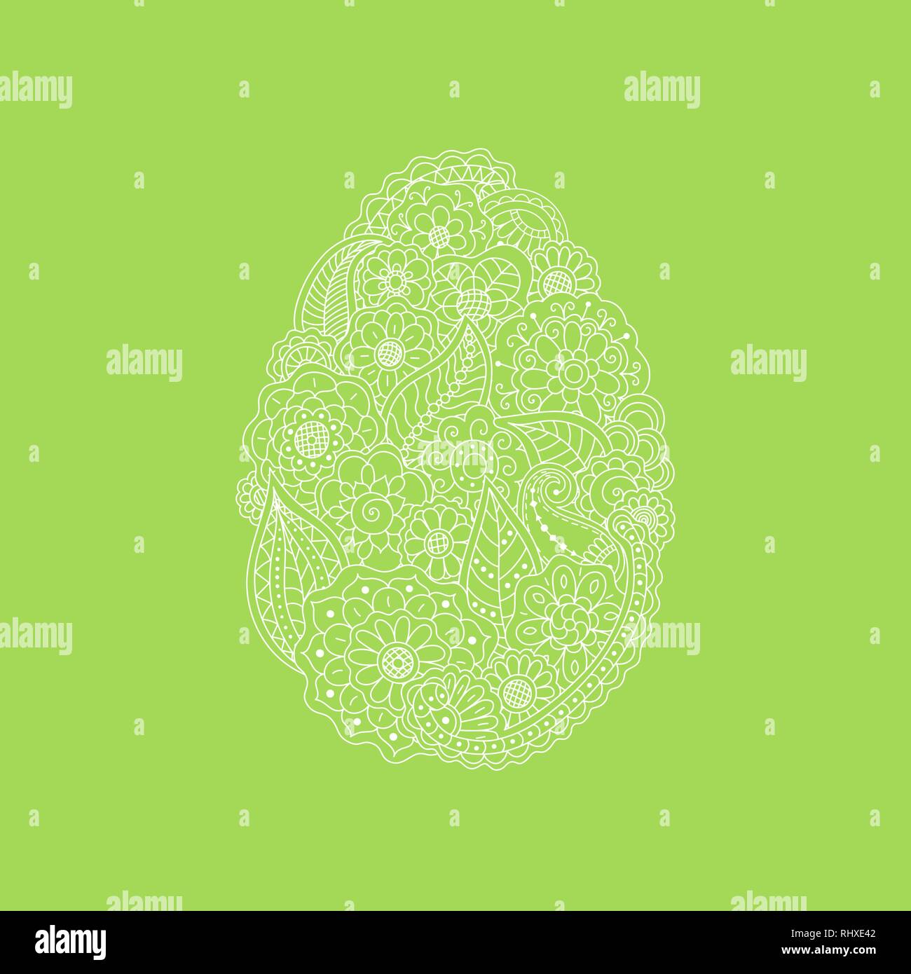 Vector Abbildung: Weiße Ostern Ei aus floralen doodle Element - Line Art Blüte; Paisley; Blatt. Urlaub Ostern Symbol auf grünem Hintergrund Stock Vektor