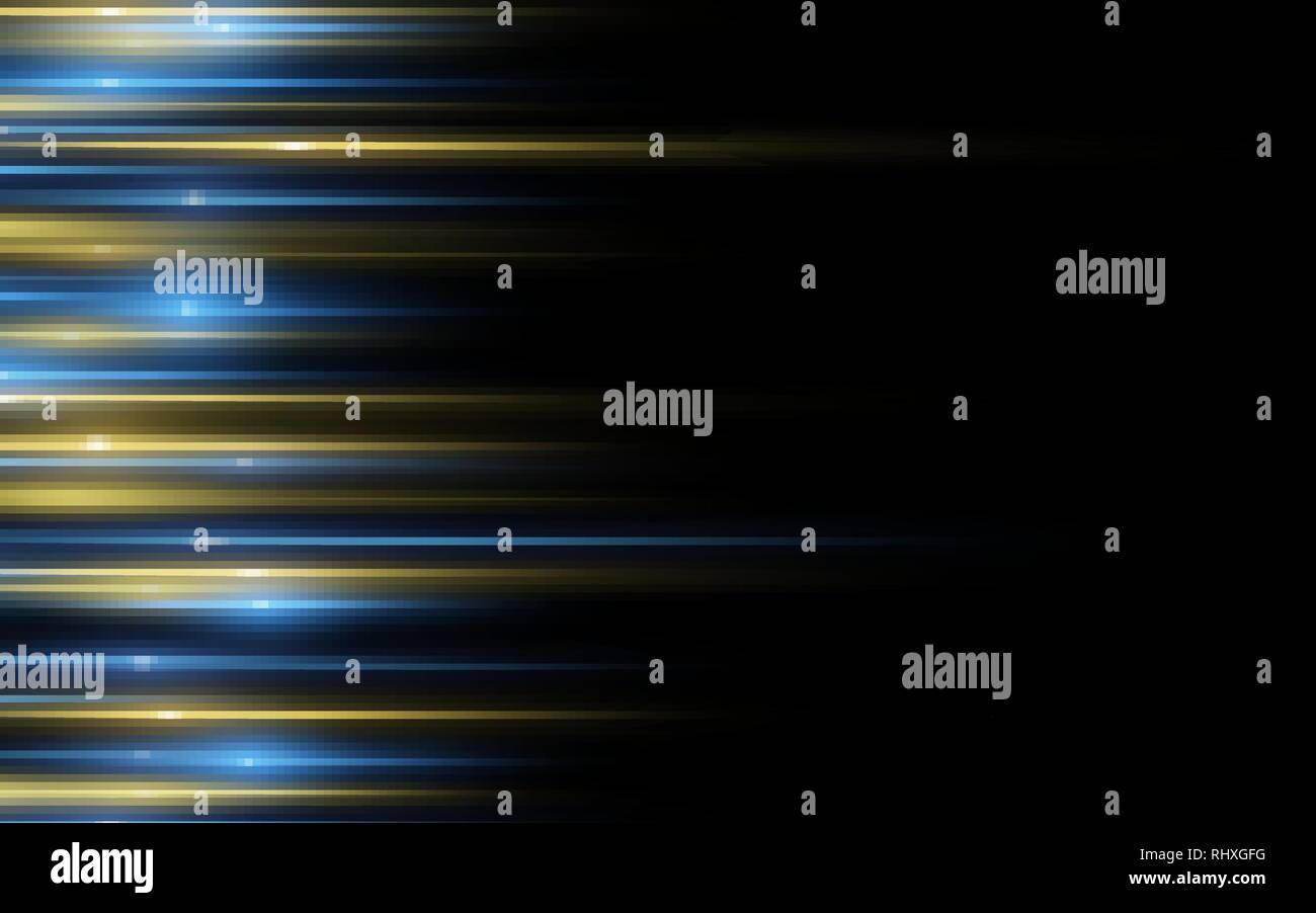 Lichteffekt. Zusammenfassung Hintergrund gelb blau Laser Strahlen des Lichts auf schwarzem Hintergrund. Chaotische leuchtende neon Linien. Von der Seite. Vector Illustration. Stock Vektor