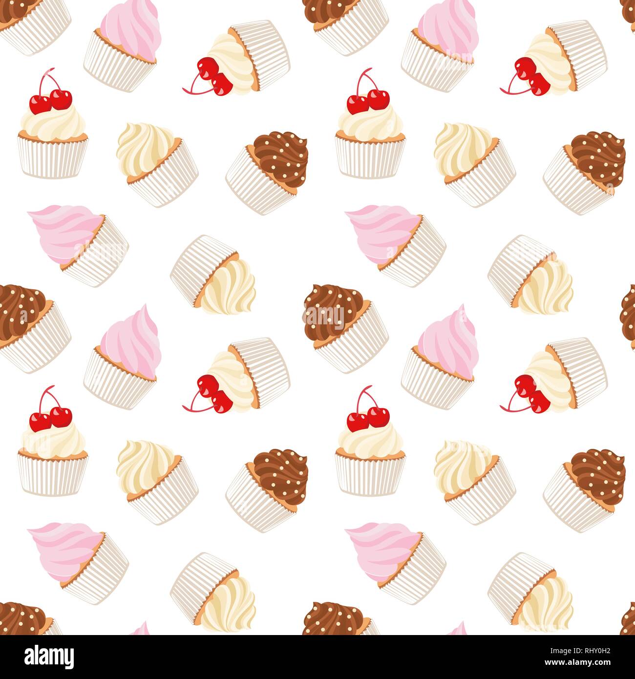 Kleine Kuchen und Muffins. Gebäck Hintergrund. Nahtlose Muster. Vector Illustration auf weißem Hintergrund Stock Vektor