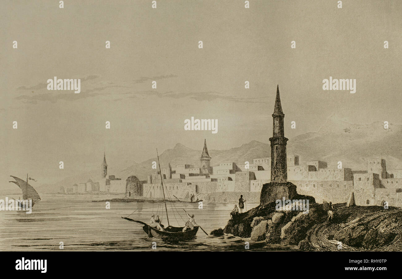Geschichte von Saudi-arabien. Jeddah. Panoramablick auf die Stadt. Gravur. Lemaitre Direxit. Panorama Universal. Geschichte von Arabien, 1851. Stockfoto